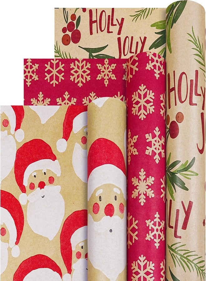 KESTAR Kraft Christmas Wrapping Paper Rolls, Mini Roll - 3 Rolls Red and Brown Xmas Wrapping Paper, Santa Claus, Snowflakes and Holly Jolly Design Gift Wrap Paper for Christmas New Year Holiday Party, 17 x 120 inch Each Roll - Image 1
